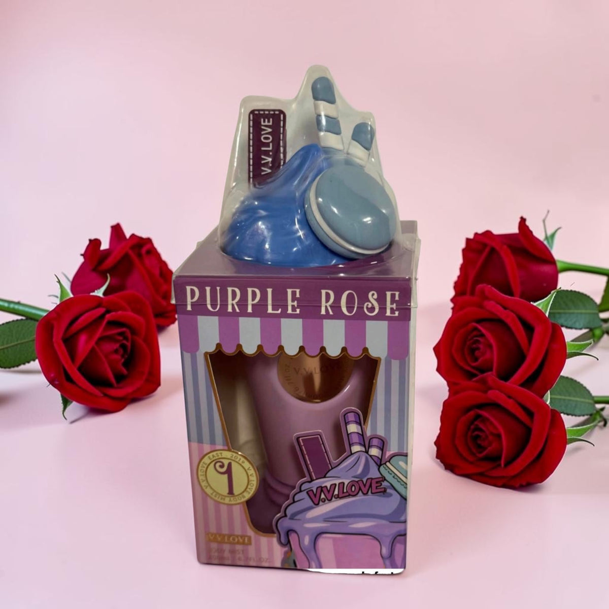 ice cream shaped body mist bottle ,designed with a pastel purple cup, blue whipped topping, and a decorative macaron top.