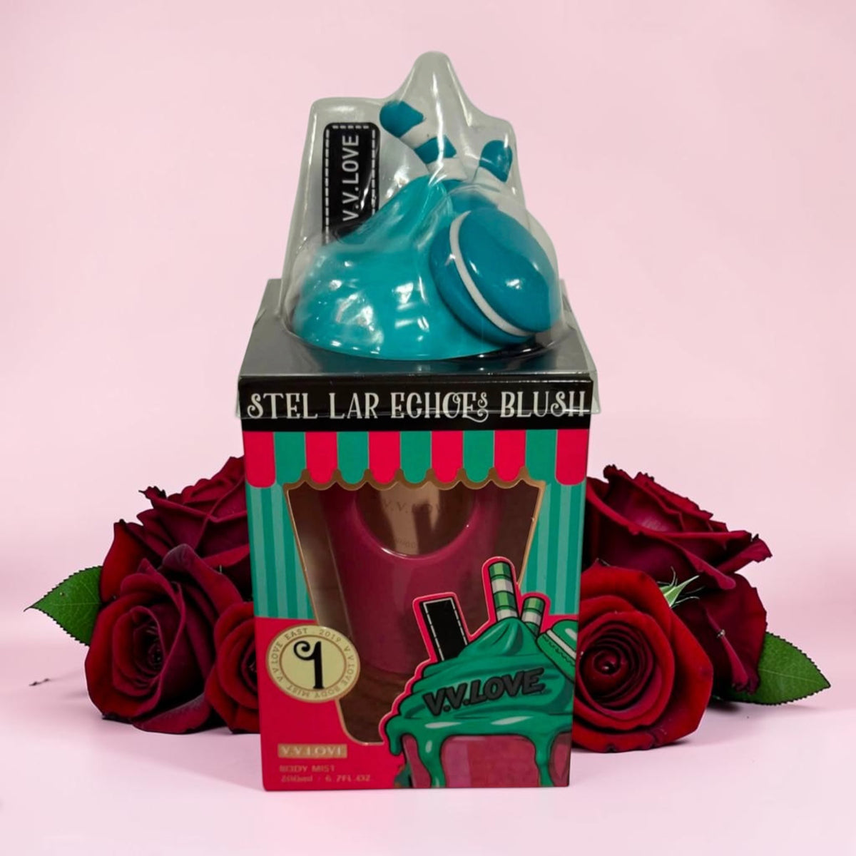 Ice cream shaped body mist bottle featuring a pink cup, blue whipped cream top, and a matching macaron accent.