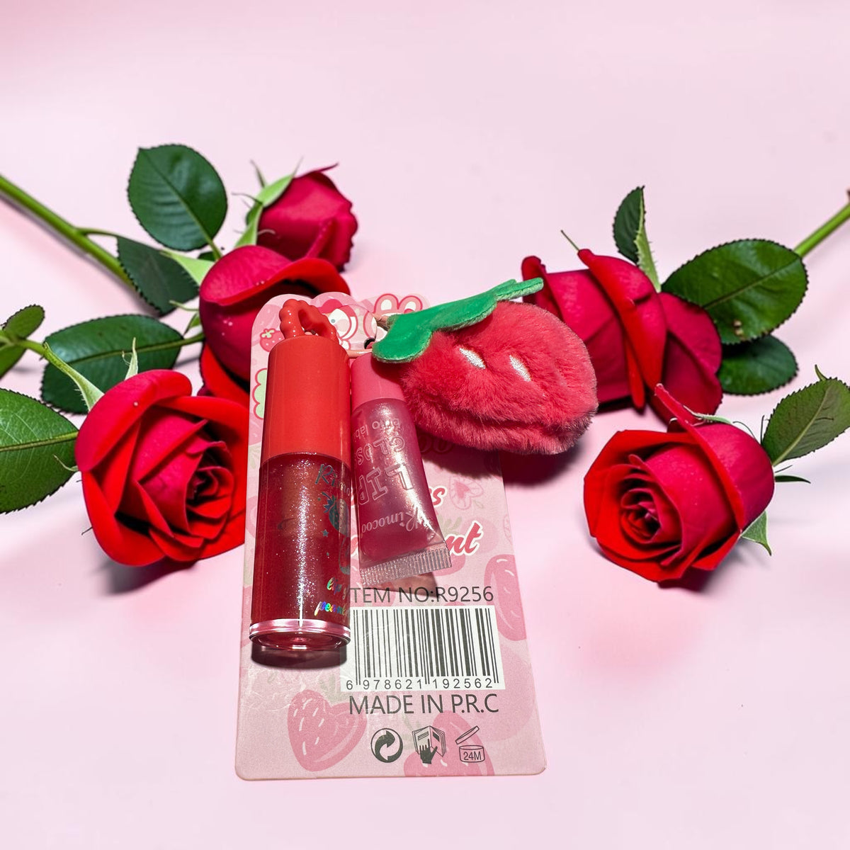 Set of 2 lip gloss keychain strawberry