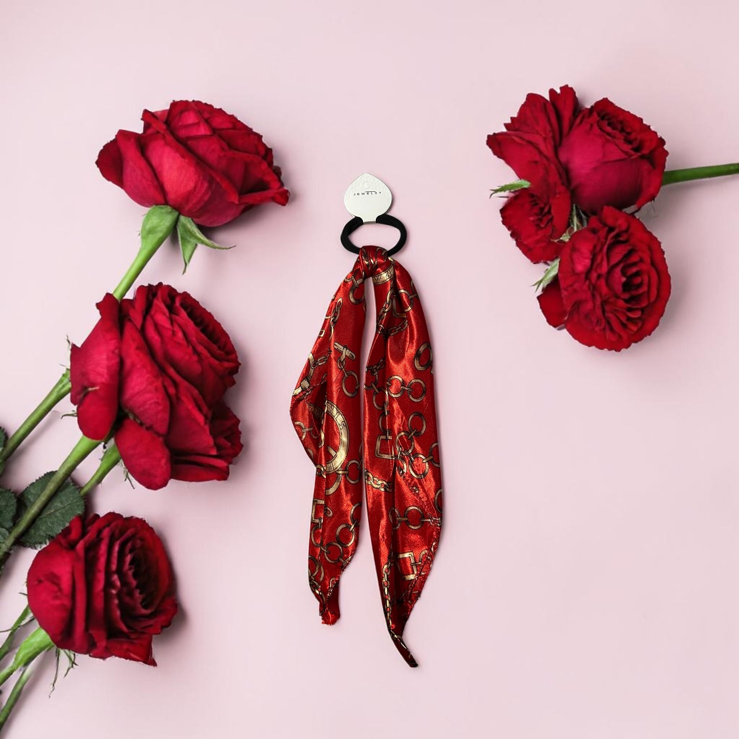 Chain-print silk scarf hair tie