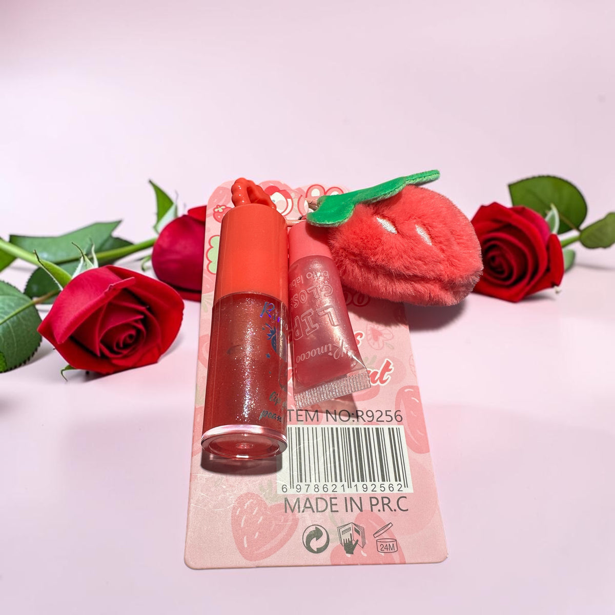 Set of 2 lip gloss keychain strawberry