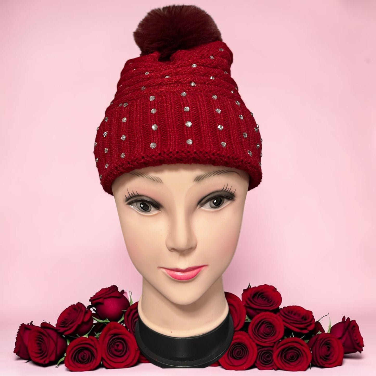 Beanie sparkling rhinestone faux fur pom-pom on top.
