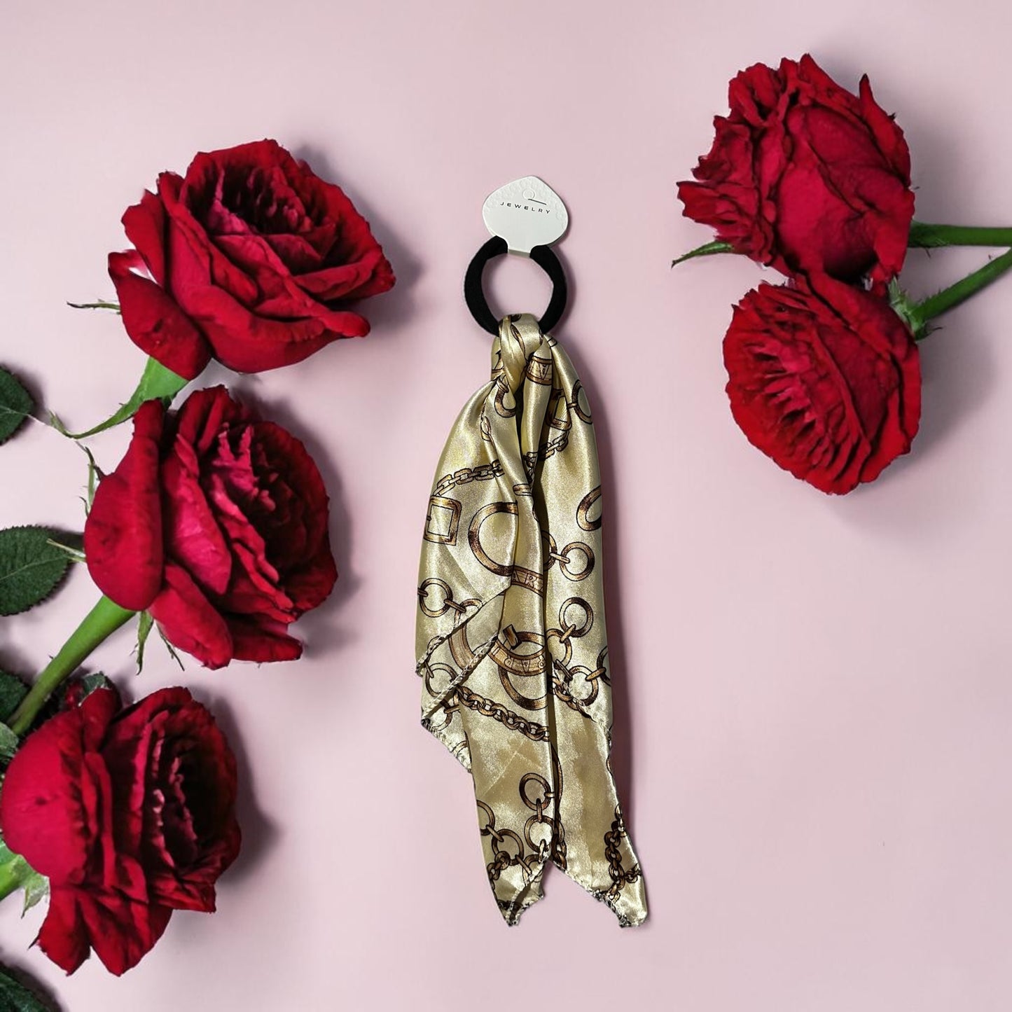 Chain-print silk scarf hair tie