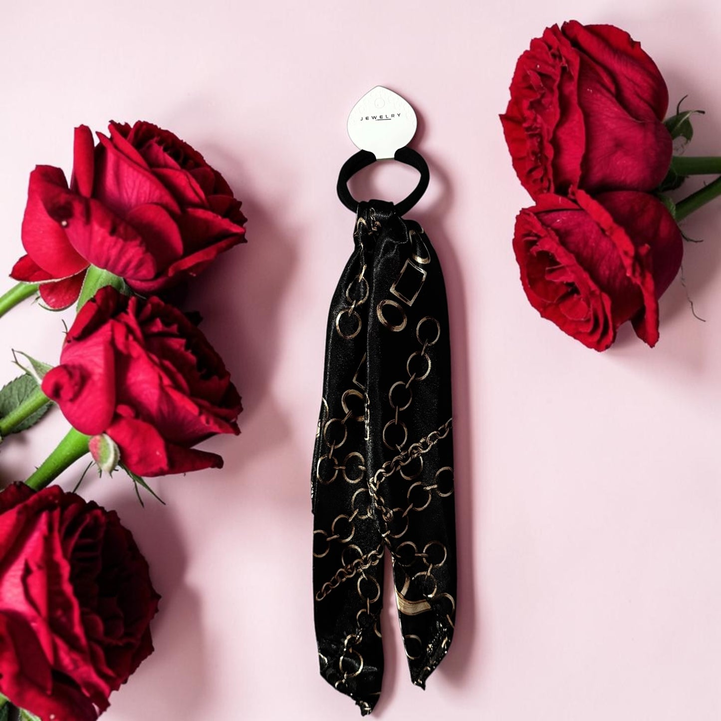 Chain-print silk scarf hair tie