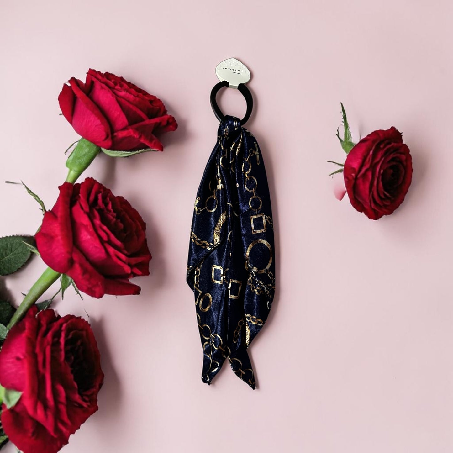 Chain-print silk scarf hair tie