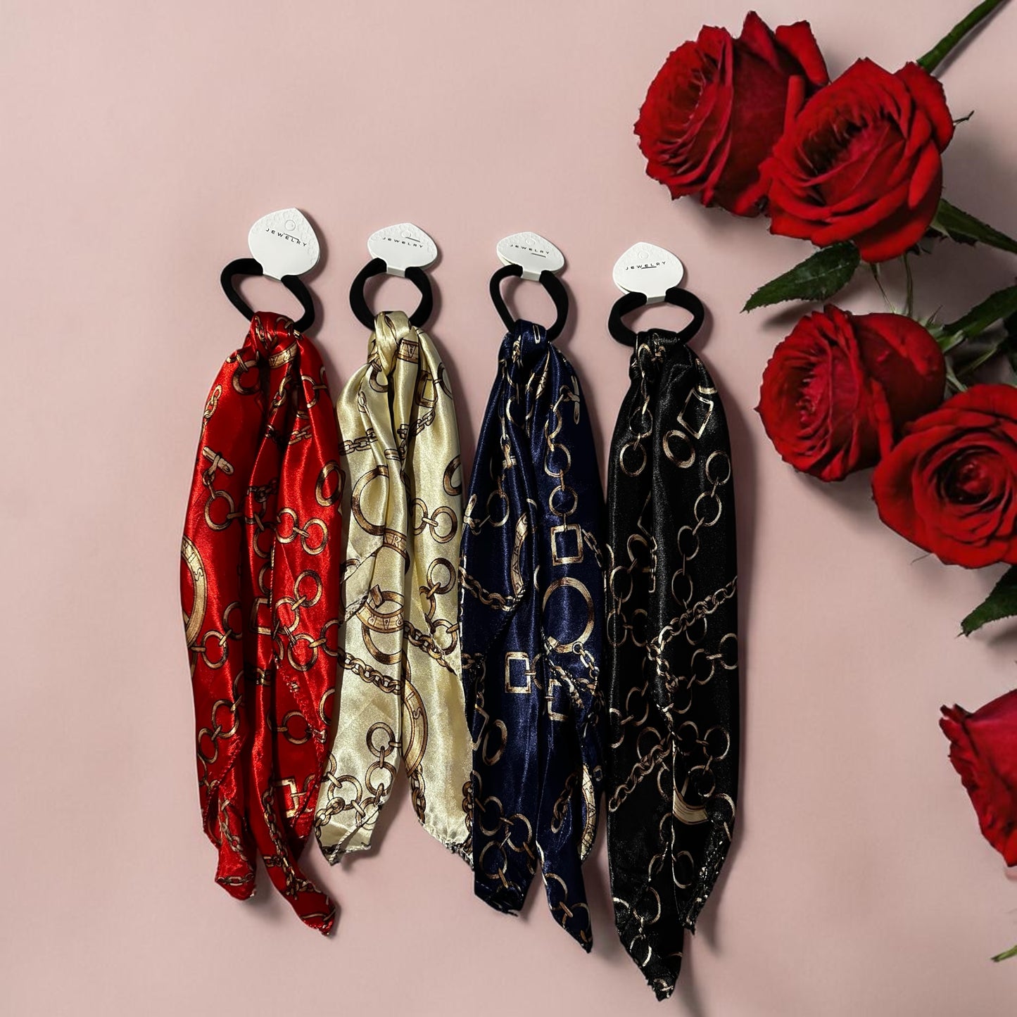 Chain-print silk scarf hair tie