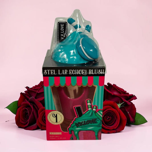 Ice cream shaped body mist  bottle featuring a pink cup, blue whipped cream top, and a matching macaron accent.