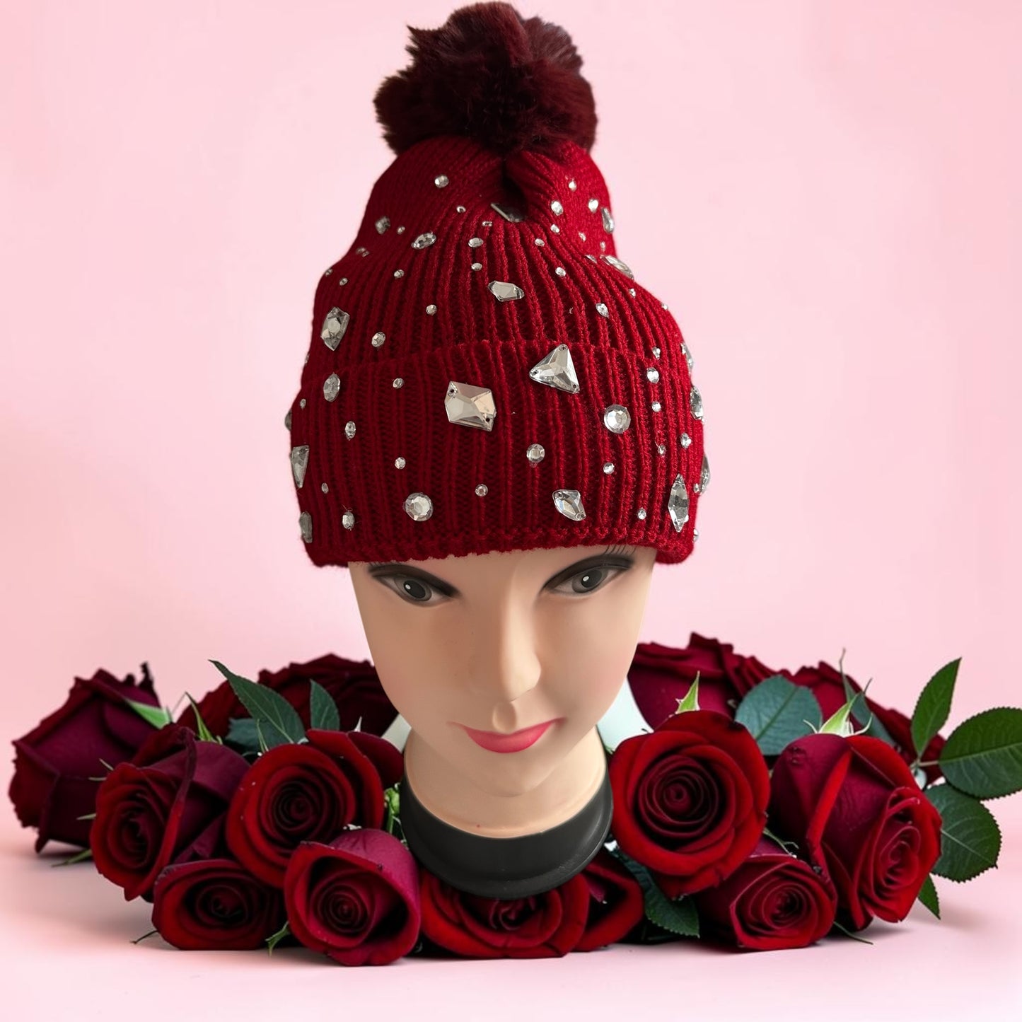 Beanie sparkling Gems faux fur pom-pom on top