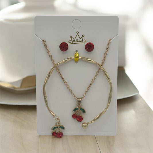 Cherry Set of three  chain , earrings and bracelet (fantasy/fantasia)