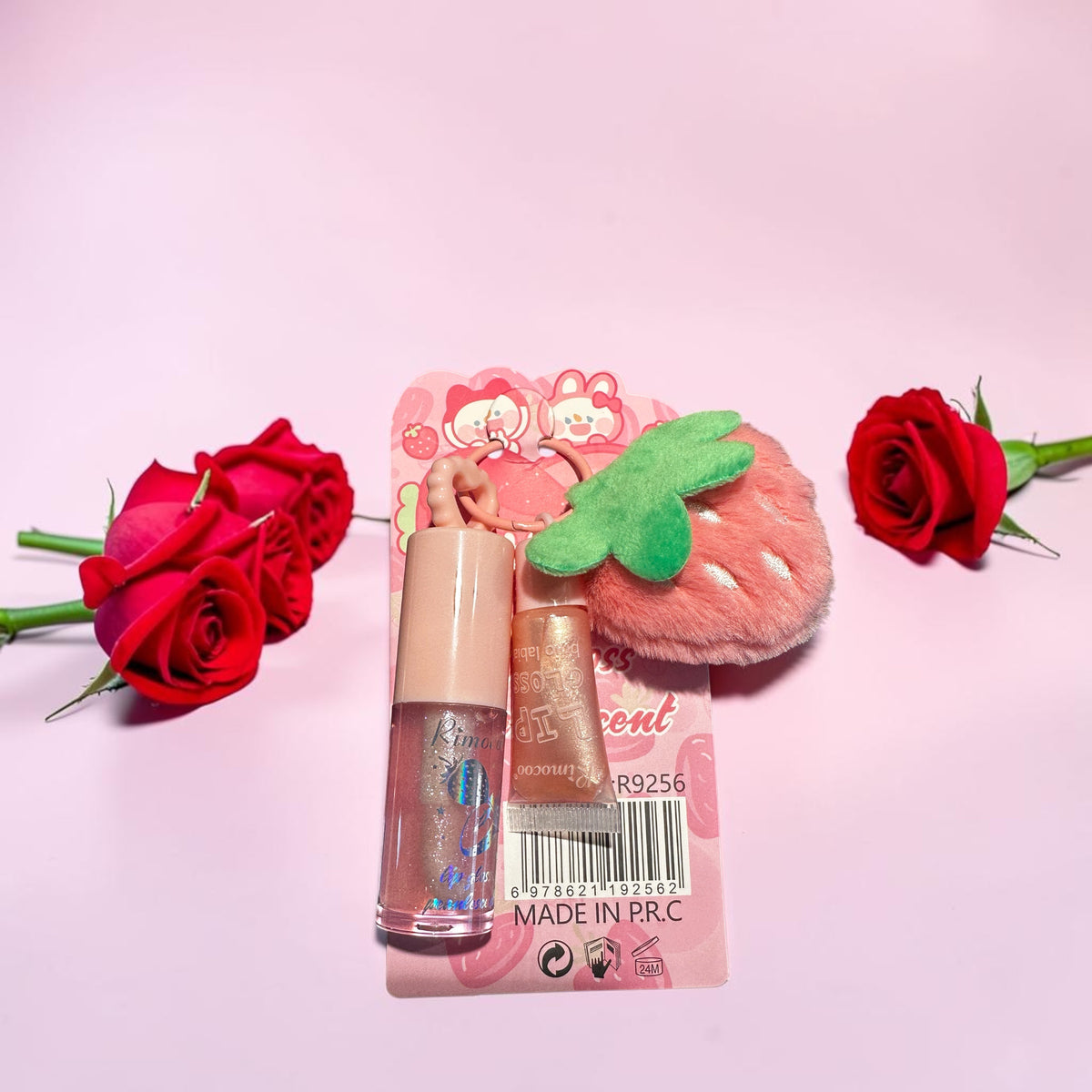 Set of 2 lip gloss keychain strawberry